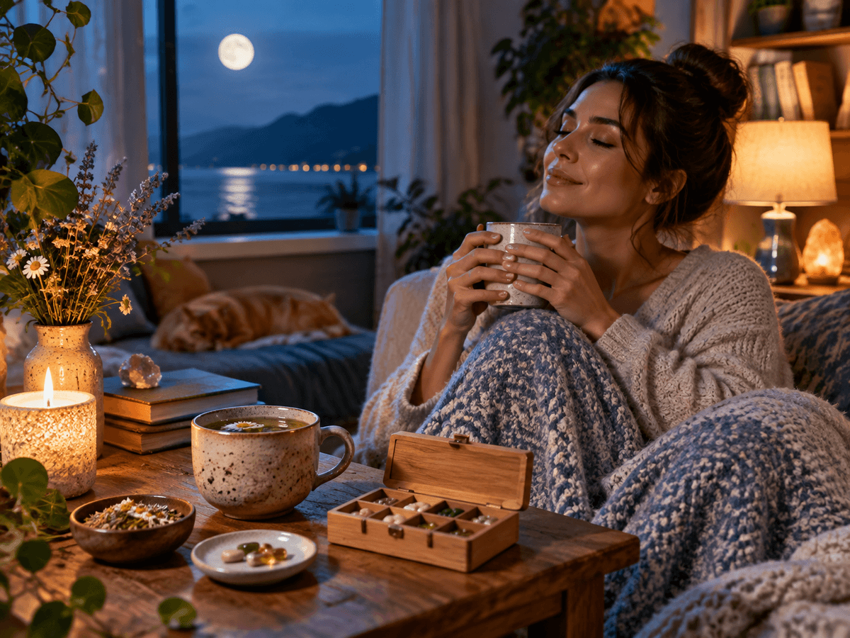 Calm evening wellness ritual with tea and a supplement organizer