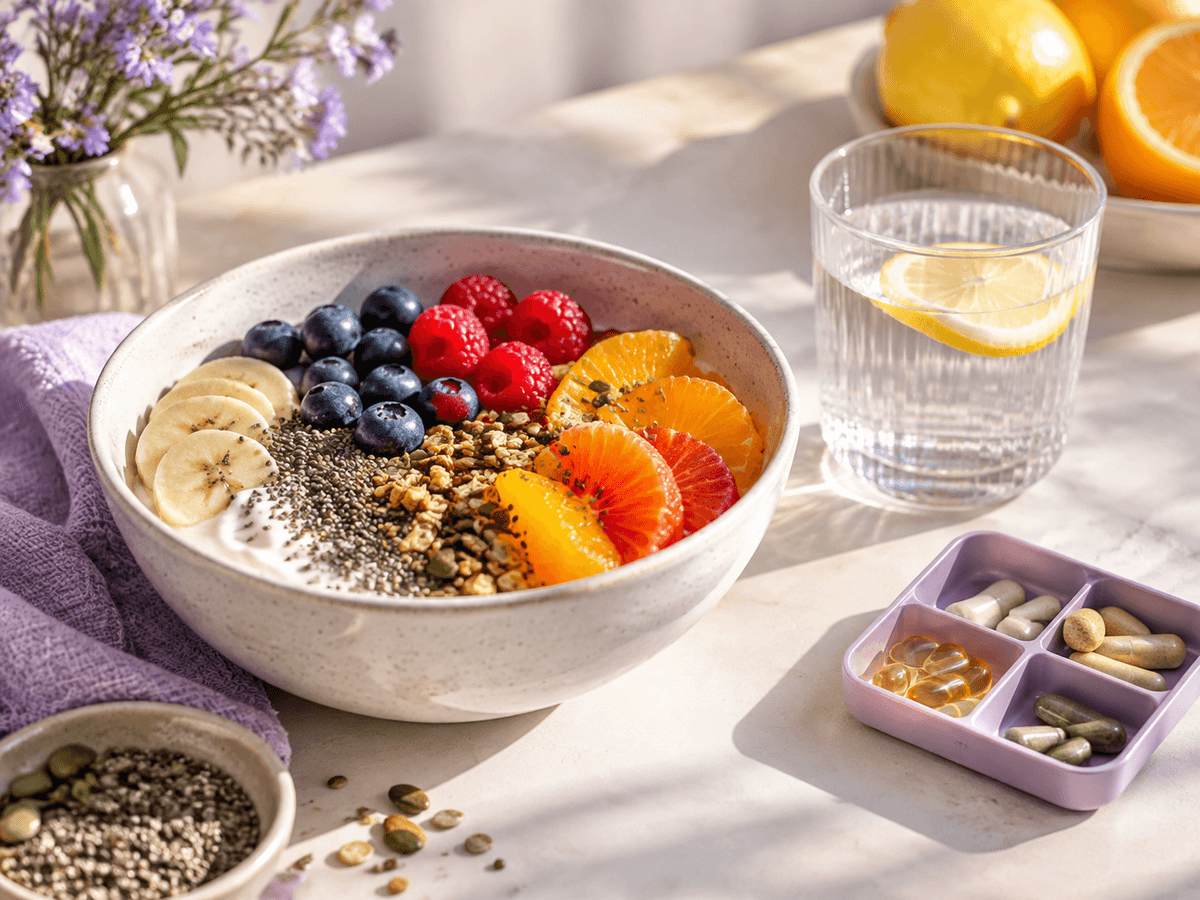 Healthy breakfast with berries, citrus, water, and a supplement organizer