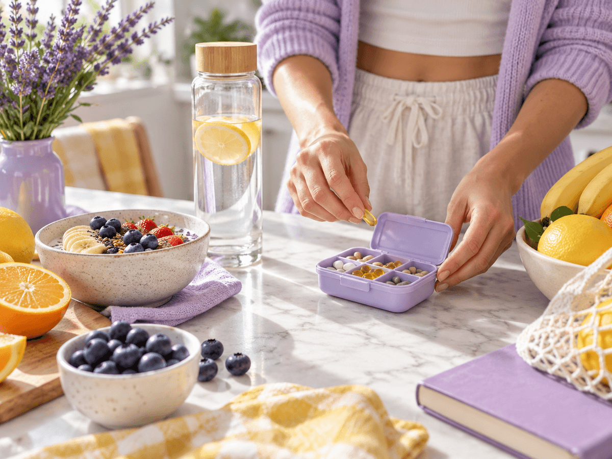 Bright morning wellness ritual with fruit and a supplement organizer
