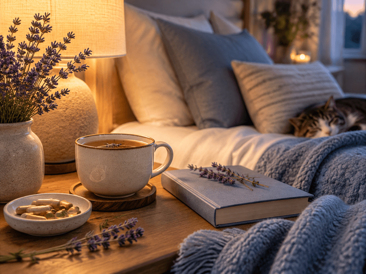 Peaceful evening wellness scene with tea, lavender, and a supplement organizer