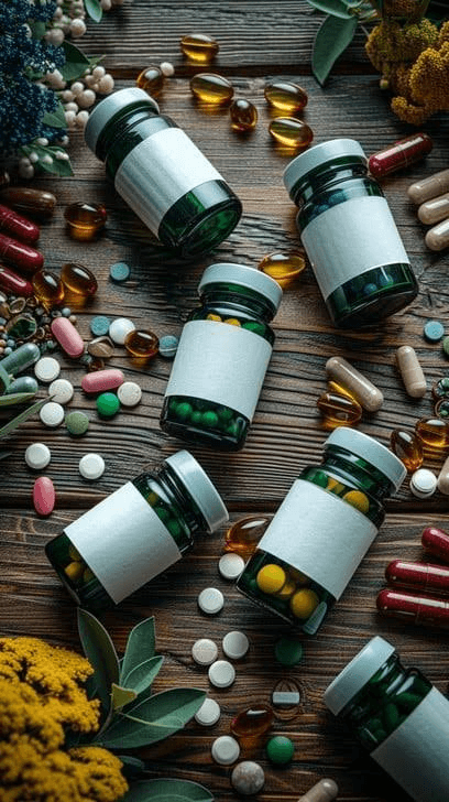 Colorful supplement bottles and capsules arranged on a rustic table