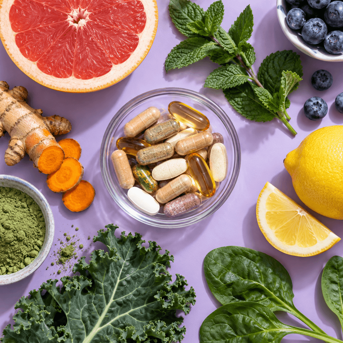 Colorful supplement ingredients arranged on a lavender background
