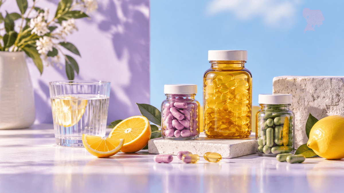 Colorful wellness supplements, citrus, and water in bright morning light